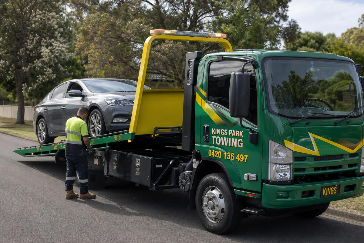 Car being loaded onto a Kings Park Towing flatbed tow truck