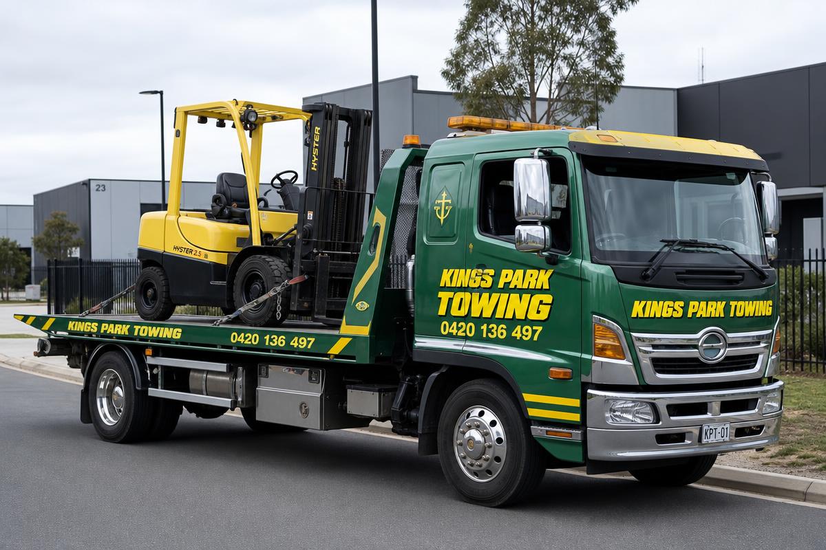 Forklift loaded on a Kings Park Towing heavy flatbed tow truck
